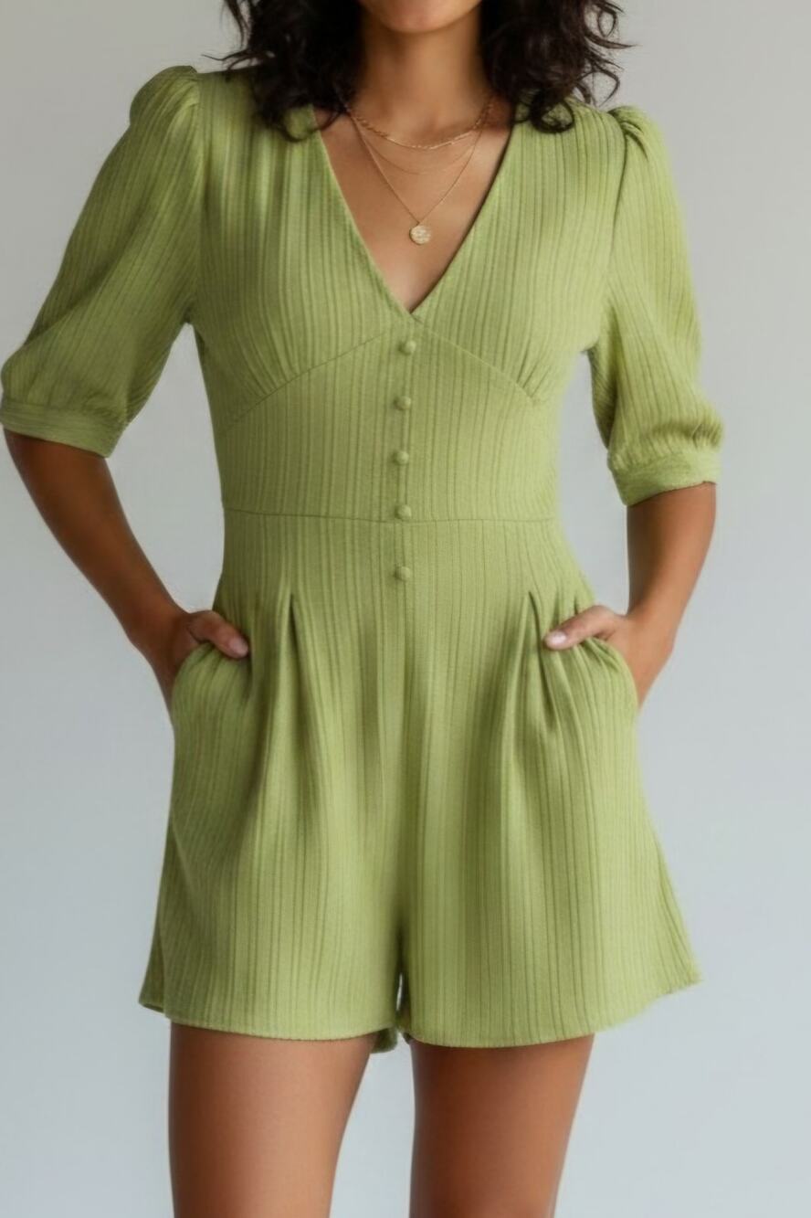 Cupshe Romper Green Pleated Cut Out Back Puff Sleeve Women's Size L NWT